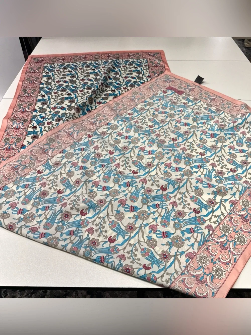 Bursa‎ Silk Art Scarf Wrap Oblong Made in Turkey Floral Pink Blue 66